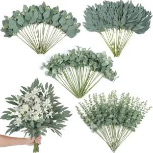 120개 4종 혼합 인공 유칼립투스 잎 줄기 대량 가짜 은화 다발 DIY 꽃다발 꽃꽂이 결혼식 약혼 파티 장식
