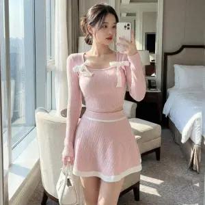 [옷자락]여자 골지 스퀘어넥 리본 크롭 니트 스커트 세트