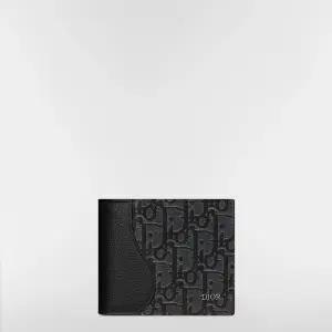 Saddle 반지갑 - 블랙 그레인 송아지 가죽  실버 톤 메탈릭 Dior Oblique 자카드