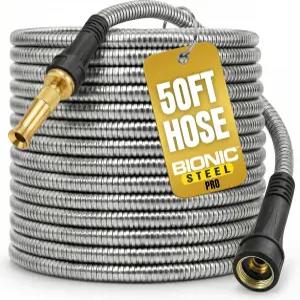 바이오닉 스틸 PRO 50피트 금속 정원 호스 노즐 포함 헤비 듀티 304 스테인리스 만든 워터 유연하고 가벼운