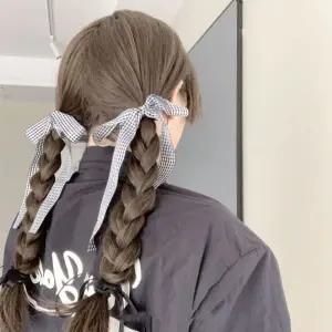 [셀러에이드]체크 롱리본 헤어머리핀