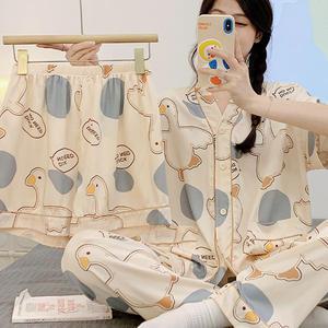 쉬블림로브 3피스(반팔+반바지+긴바지) 여성 오리 홈웨어 파자마 잠옷 세트 GGWD0215