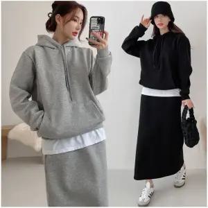 [렛잇샤인]빅사이즈 리피 이너 레이어드 후드티+롱스커트 상하의세트