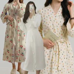 베어 플라워 여성 로브형 롱잠옷 수면가운 홈웨어 면혼방 파자마 4종