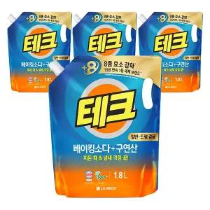 테크 베이킹+구연산 액체세제 일반 드럼 겸용 리필 1.8L, 4개
