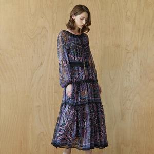 [MAXZA] 에스닉 패턴 보트넥 쉬폰 롱 원피스