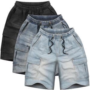 남자 청반바지 허리 밴딩 카고 데님 반바지 남성 버뮤다 와이드 연청 중청 흑청 바지 빅사이즈