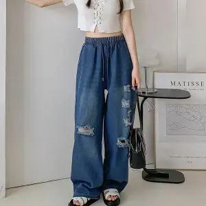 [하프클럽/옷자락]여자 구제 여름와이드데님 워싱 벌룬핏 밴딩 청바지