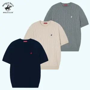 비버리힐즈폴로클럽 남여공용 자수로고 케이블 꽈배기 라운드넥 반팔 니트 (3컬러)