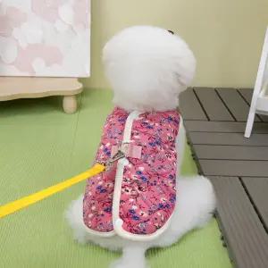 반려다 강아지옷 할매 꽃 패딩조끼 김장조끼 하네스 (핑크) 산책 겨울 한파극복
