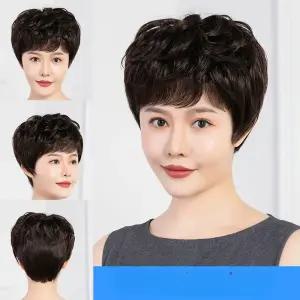 숏컷 가발 항암용 반가발 통가발 브라운 패션 중년 여성용 자연스러운 프리미엄 의료