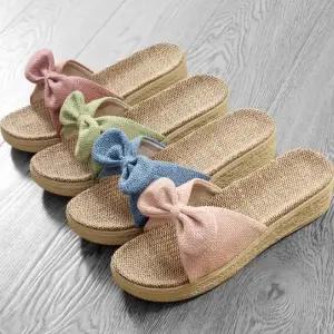 준캡  굽있는 거실실내화 통굽슬리퍼 왕골슬리퍼 린넨리본(굽4cm)