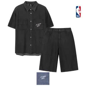 [롯데백화점]엔비에이 남녀공용 오버핏 골 데님 반팔셔츠 청반바지 셋업 62SHDP395