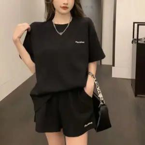 여성 데일리 반팔 반바지 여름 여성 와플 세트 트레이닝 라운드 레터링 상하 웨어 쇼츠