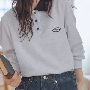 배색 피케 카라 긴팔 티셔츠 레터링 자수 여성 빅사이즈