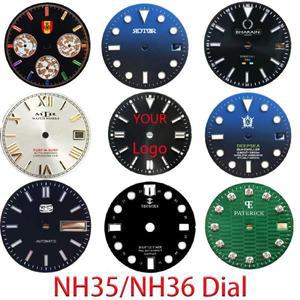 28.5MM 다이얼 직경 단일/이중 달력 시계 다이얼 NH35/NH36 시계 무브먼트 액세서리 용 빛나는 다이얼