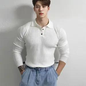 남자오버핏스타일 남성 신축성 좋은 머슬핏 스타일 단추 카라 긴팔티