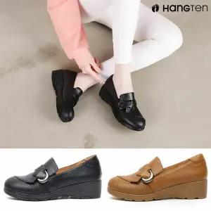 행텐 HT-1080 여성 천연가죽 버클 로퍼 웨지힐 펀칭 단화 발편한 미들힐 캐주얼 구두