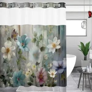 MEHOFOND 노 훅 소박한 농가 샤워 커튼 후크리스 컬러풀 플라워 시골 나무 위의 팜 청록색 꽃 안감 스냅