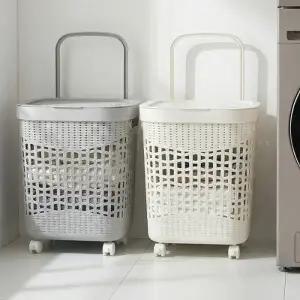 바퀴 45L 뚜껑덮개 빨래바구니 있는 통풍 이동식 메쉬 좋은 HICKIES 세탁 손잡이가