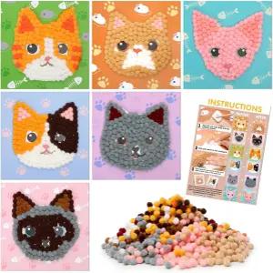 업토우미 DIY 폼폼 아트 키트 6가지 패턴의 고양이 테마 공예품 스틱 퍼지 볼 크리에이티브 홈 데코 및