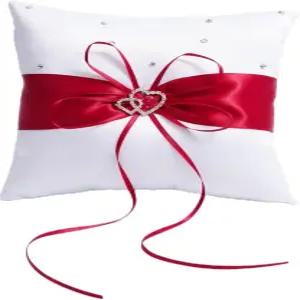 QIRMIZI 링 베개 진주 쿠션 해변 결혼식 및 결혼식을 위한 베어러 홀더 제안서 - 빨간색