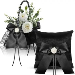 서트민 2개 웨딩 블랙 플라워 걸 바구니 및 링 베어러 베개 세트 진주 손잡이가 있는 새틴 레이스 꽃
