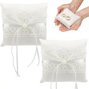 링 베어러용 2개의 PCS 베개 우아한 레이스 펄 보리 베어러 새틴 리본이 달린 웨딩 쿠션 결혼식 약혼 파티