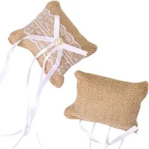 결혼식을 위한 2개의 링 베어러 베개 4인치 빈티지 러스틱 베개와 레이스 보우 진주 자수 플라워 가을