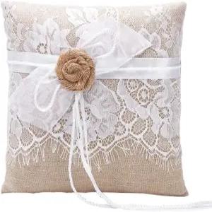 아마조이 빈티지 러스틱 버랩 레이스 웨딩 링 베개 7.5 x 인치 사각 베어러 베개와 수제 꽃 컬러