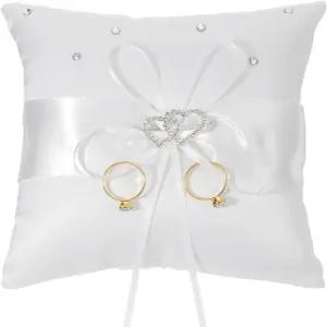 XLiUAX 웨딩 링 베개 5.7x5.5 인치 레이스 보우 베어러 쿠션 하트 라인스톤 프로포즈 결혼식 파티용 홀더