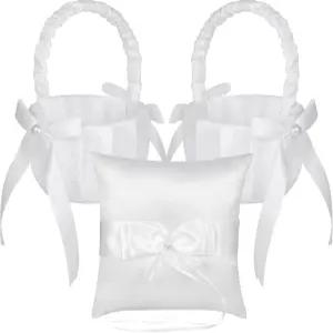 Skdqiee 2개 플라워 걸 바구니 및 링 베어러 베개 세트 - 진주 보크노트 5.12 x 7.87인치 7.87 신부 샤워를