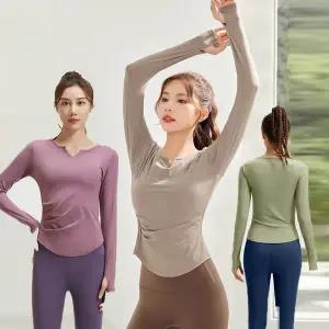 여성 솔리드 브이넥 허리라인 셔링 필라테스복 헬스 조깅 긴팔