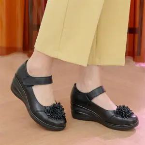 여자 데일리 플라워 장식 가죽 웨지 메리제인 슈즈