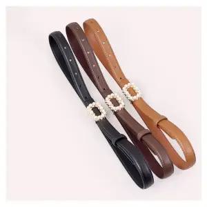 [콩심팥심]여성용 빅진주 큐빅 사각 버클 장식 가죽 벨트 원피스벨트 코트벨트