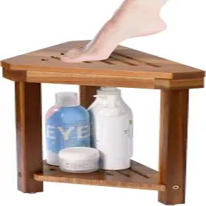 샤워 풋 레스트 스툴 - 작은 욕실 공간을 위한 수납 선반이 있는 목재 방수 코너 면도 미끄럼 방지 스파