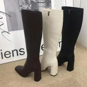 삭스부츠 와이드힐 스퀘어토 가죽 롱 부츠 옆지퍼 패션