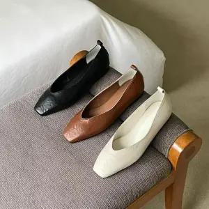 [하프클럽/다잇템]여성 레더 사각코 일상용 플랫슈즈