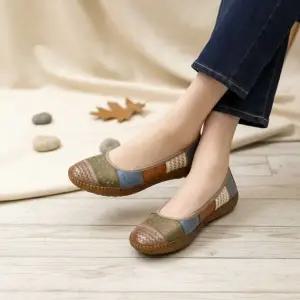 [옷자락]여성 소가죽 패치워크 플랫슈즈 편안한 디자인