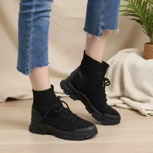 [옷자락]여성 겨울 니트 삭스 앵클 부츠 통굽 부츠
