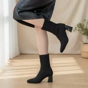 [옷자락]여성 슬림핏 골지니트 앵클부츠 블록힐 쫀득한 스판