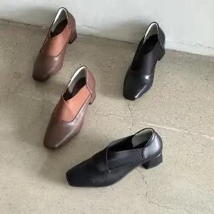 [다잇템] 여성 블록힐 사각코 고무줄 인조가죽 플랫슈즈