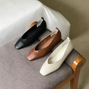 [다잇템] 여성 레더 일상용 사각코 플랫슈즈