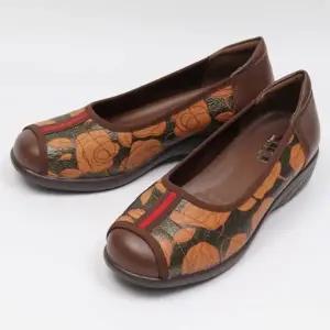 [다잇템] 여성 힐 플라워패턴 라운드토 코지 없는 레더 플랫슈즈