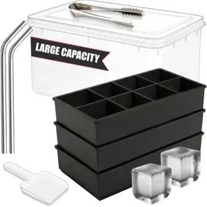 큰 스 큐브 트레이(통 포함) - 양동이 스쿱 통 및 SS 빨대 2개가 포함된 8개의 정사각형 큐브용 실리콘