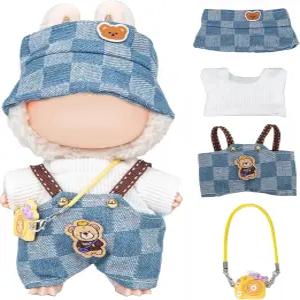 라부부 17cm 인형을 위한 수제 블루 격자 인형 옷 (4피스 세트) - 롬퍼 + 모자 이너 탑 미니 카메라 세탁기
