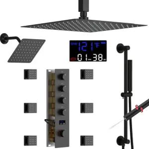 AYIVG 매트 블랙 온도 조절 이중 강우 전신 샤워 시스템 2인치 핸즈 완 슬라이드 바 12인치 및 8인치 레인