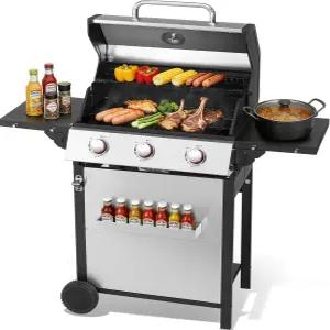 이중 스테인리스 뚜껑 및 전면 바구니가 있는 디어맥스 3버너 프로판 그릴 주철 격자 보온 랙 접이식