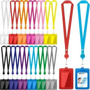 부칼니 24개 ID 배지 홀더탈부착 가능한 랜야드 포함 가죽 수직 카드 홀더배지 릴 넥 컬러풀 헤비 듀티
