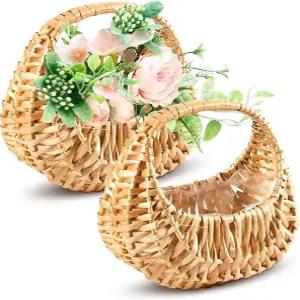 작은 꽃 소녀 바구니 세트 2개 - 손잡이 및 방수 안감이 있는 위커 6.3 x 5.12 3.75 과자 선물 홈 데코